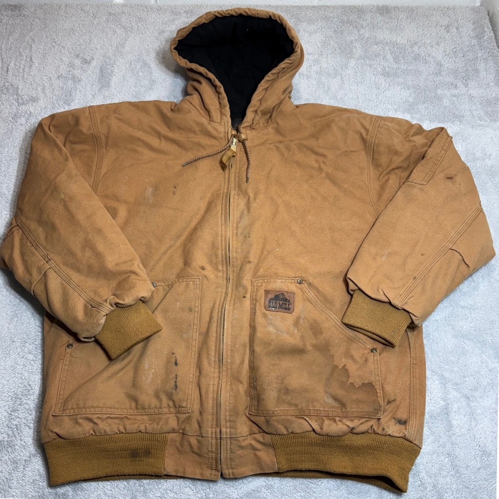 Old Mill Work Jacket Mens XL Brown Cotton Canvas Hooded Insulated Full Zip Heavy
